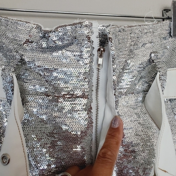 FINAL SALE Silver Sequin Belted Holiday Bling Cosplay NYE Mini Skirt - Picture 9 of 13